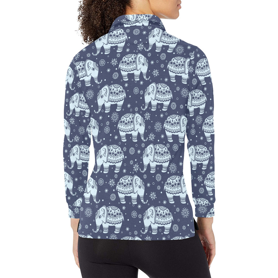 Elephant tribal design pattern Women's Long Sleeve Polo Shirt