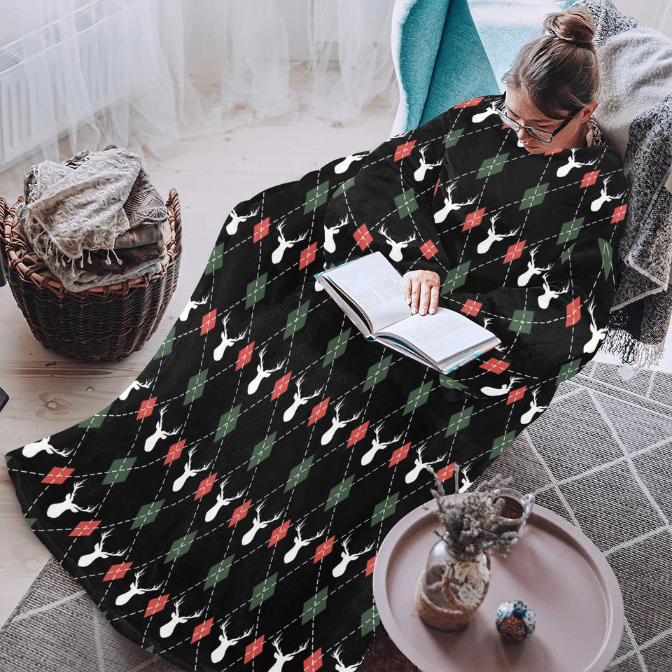 Deer Christmas new year pattern argyle Blanket Robe with Sleeves