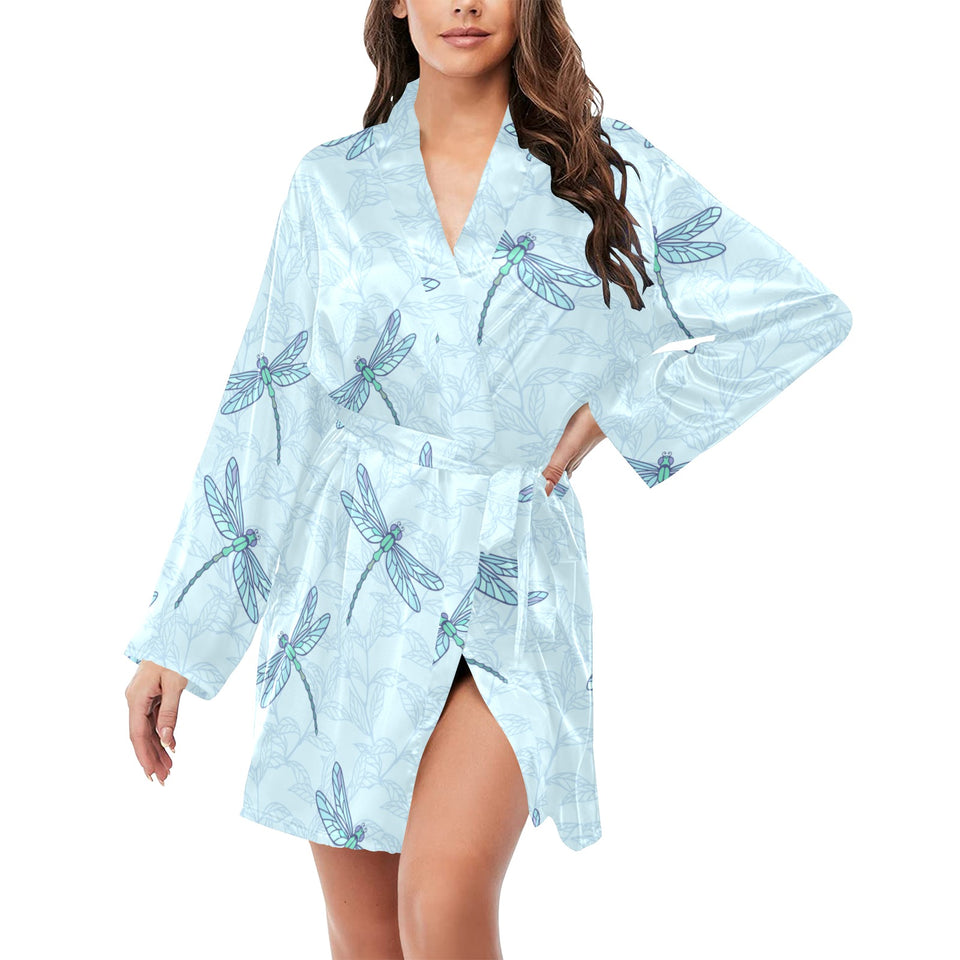 Dragonfly pattern blue background Women's Long Sleeve Belted Night Robe