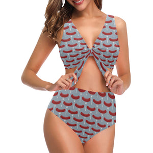 Sausage Pattern Print Design 02 Chest Bowknot High Waisted Bikini Swimsuit