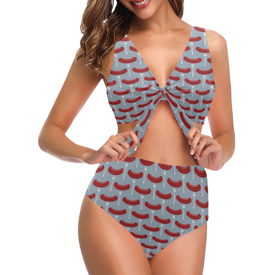 Sausage Pattern Print Design 02 Chest Bowknot High Waisted Bikini Swimsuit