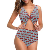 Sausage Pattern Print Design 02 Chest Bowknot High Waisted Bikini Swimsuit