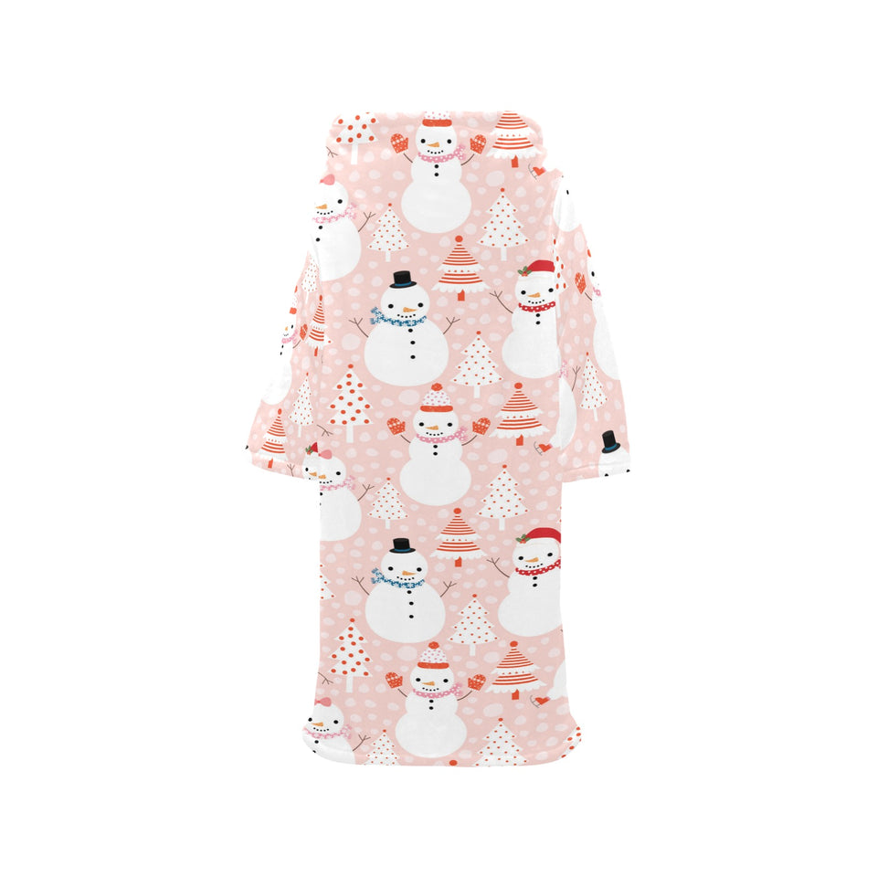 Cute snowman christmas tree snowpink background Blanket Robe with Sleeves