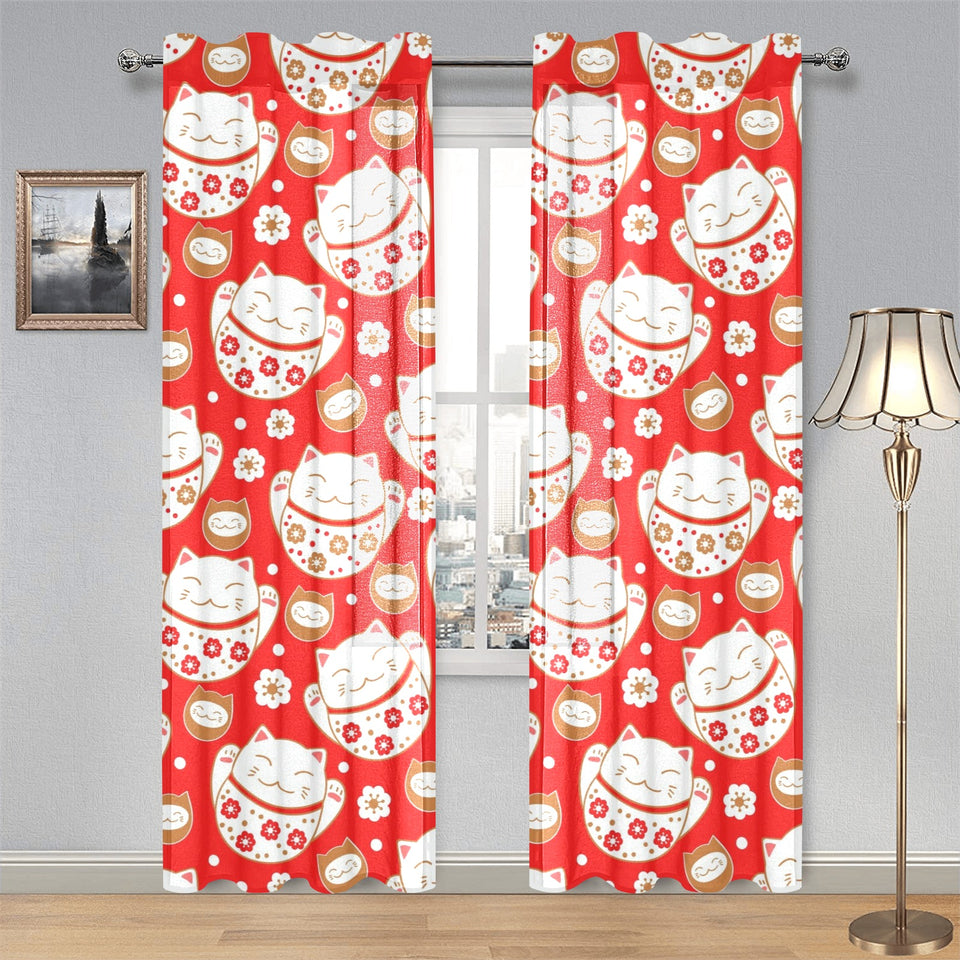Cute Maneki neko cat red background Gauze Curtain
