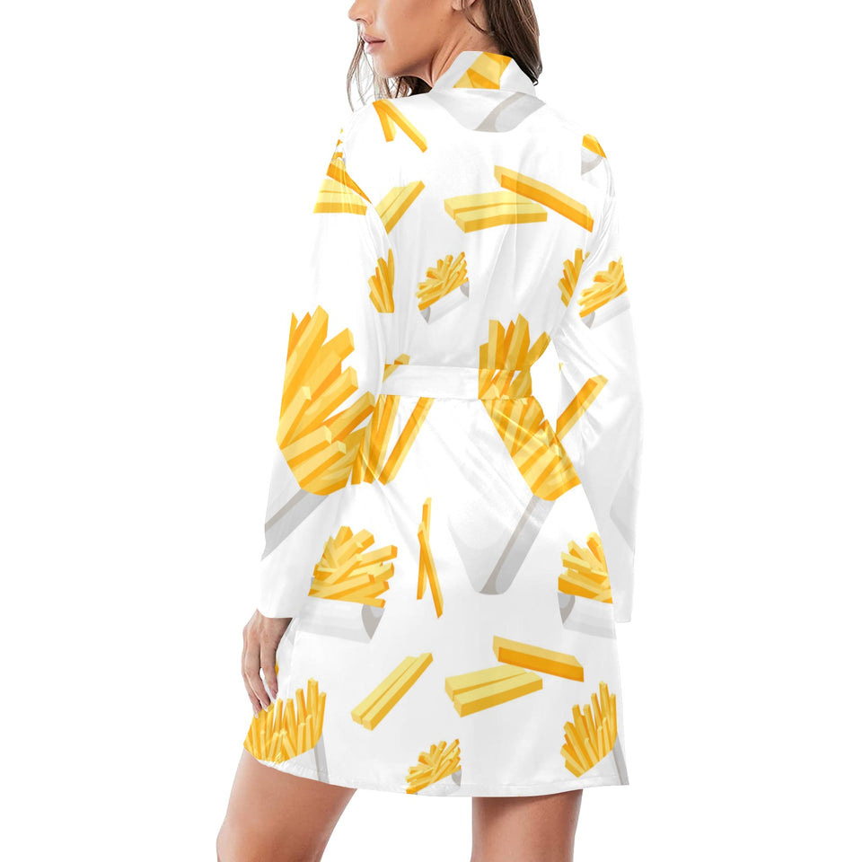 French fries white paper box pattern Women's Long Sleeve Belted Night Robe