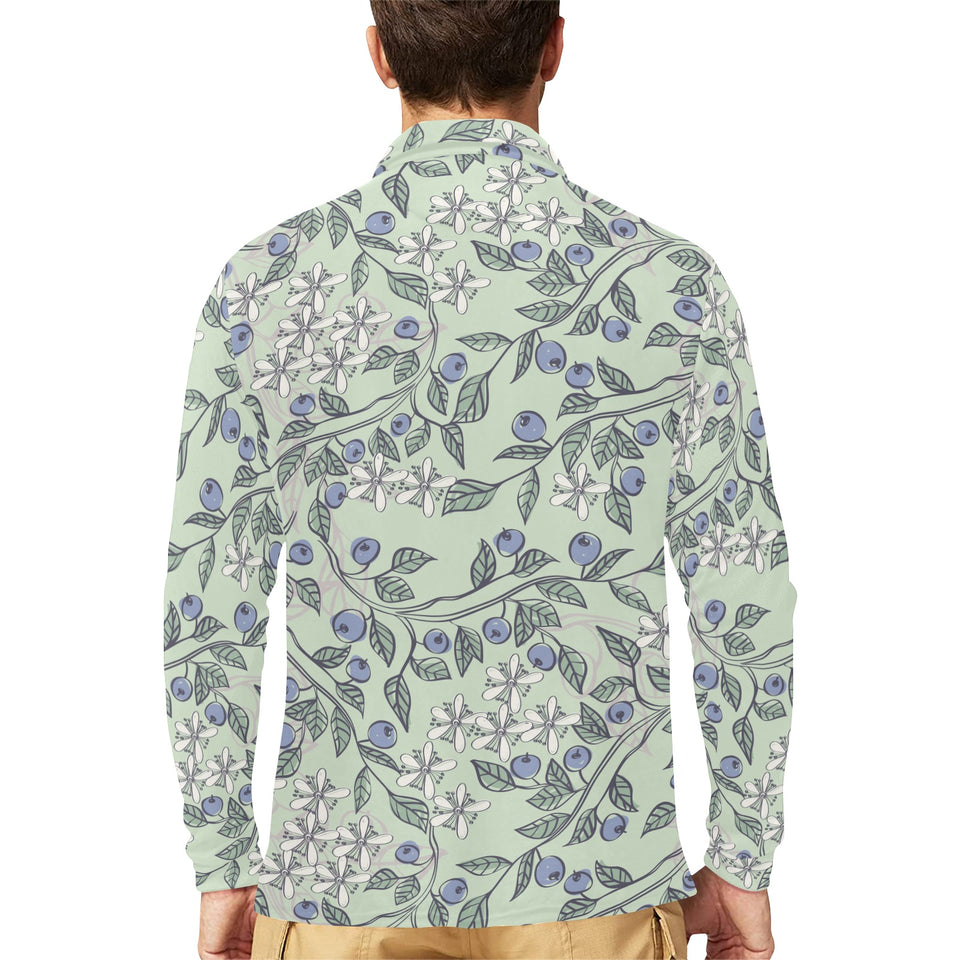 hand drawn blueberry pattern Men's Long Sleeve Polo Shirt