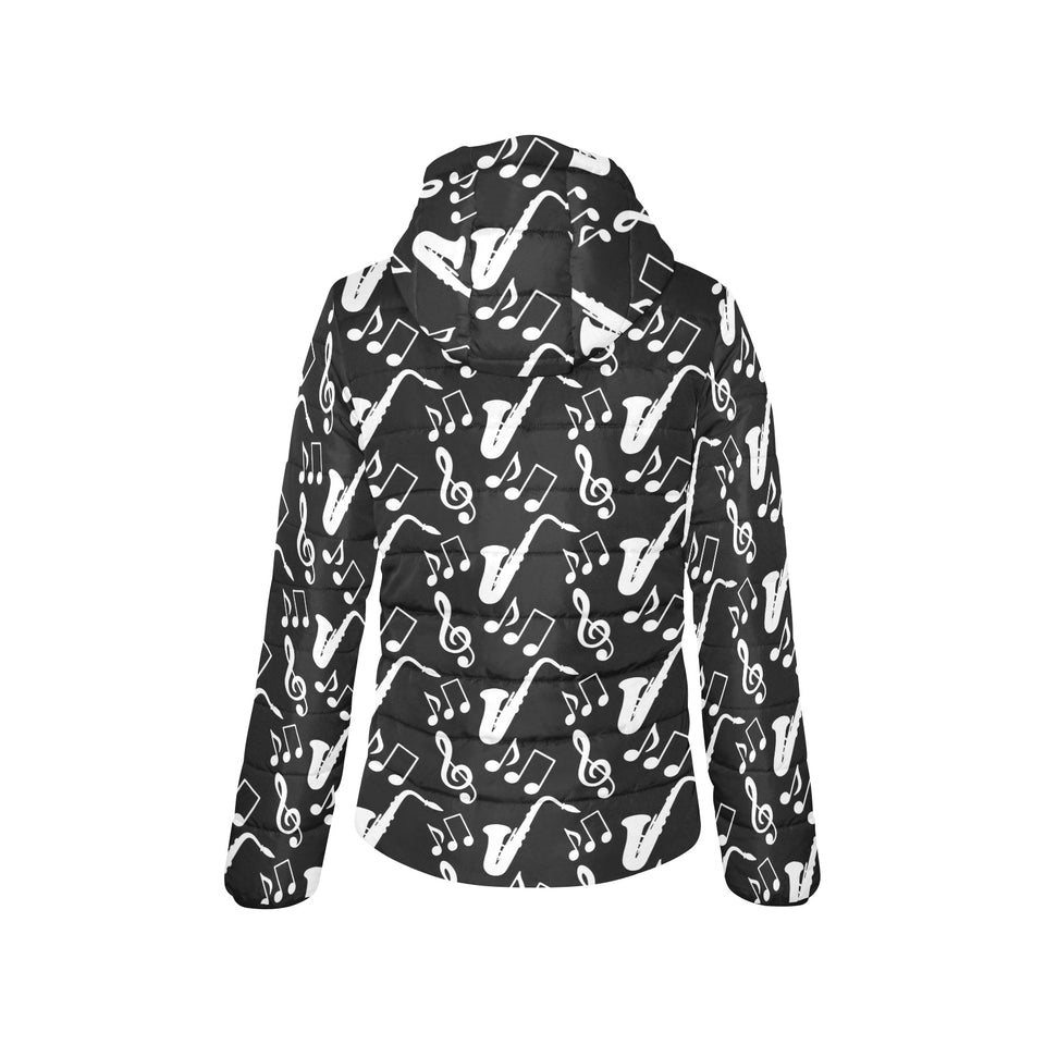 Saxophone music notes treble clef black white them Women's Padded Hooded Jacket