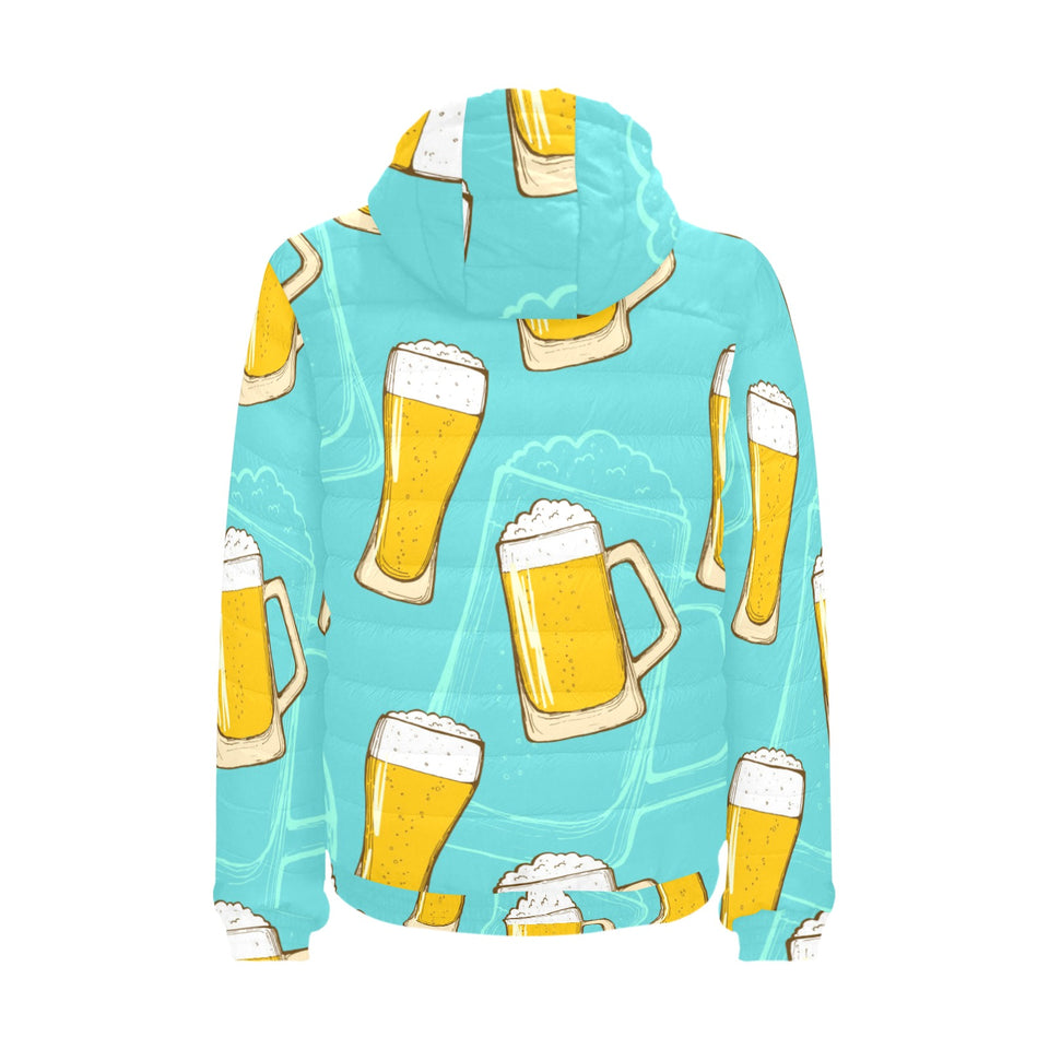 Beer pattern green background Men's Padded Hooded Jacket
