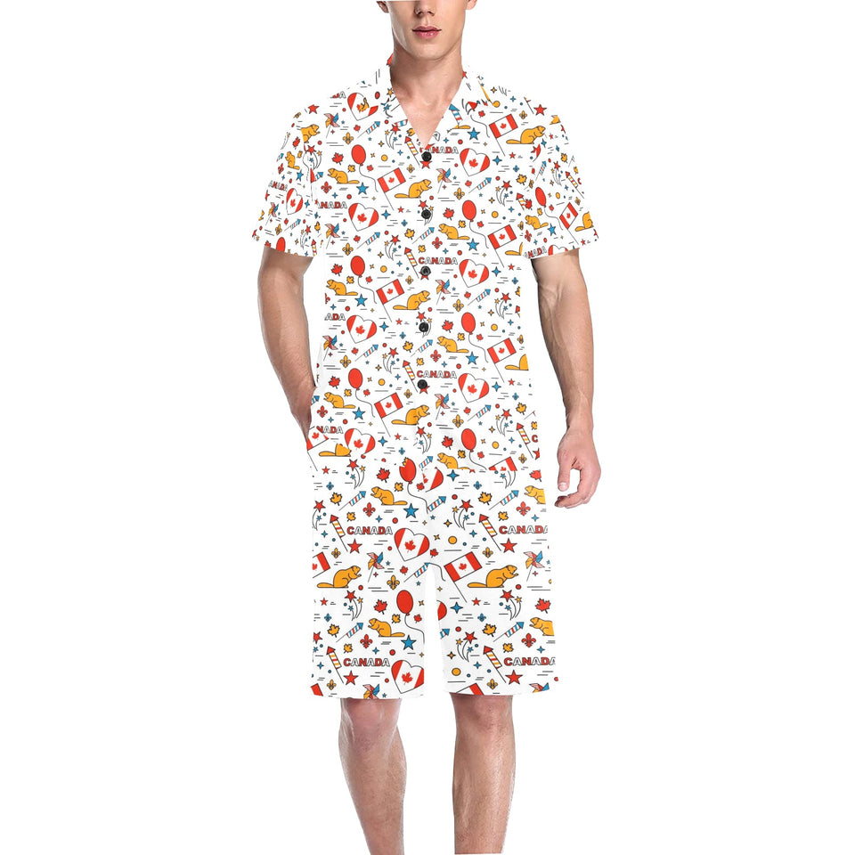 Canada Pattern Print Design 03 Men's V-Neck Short Pajama Set