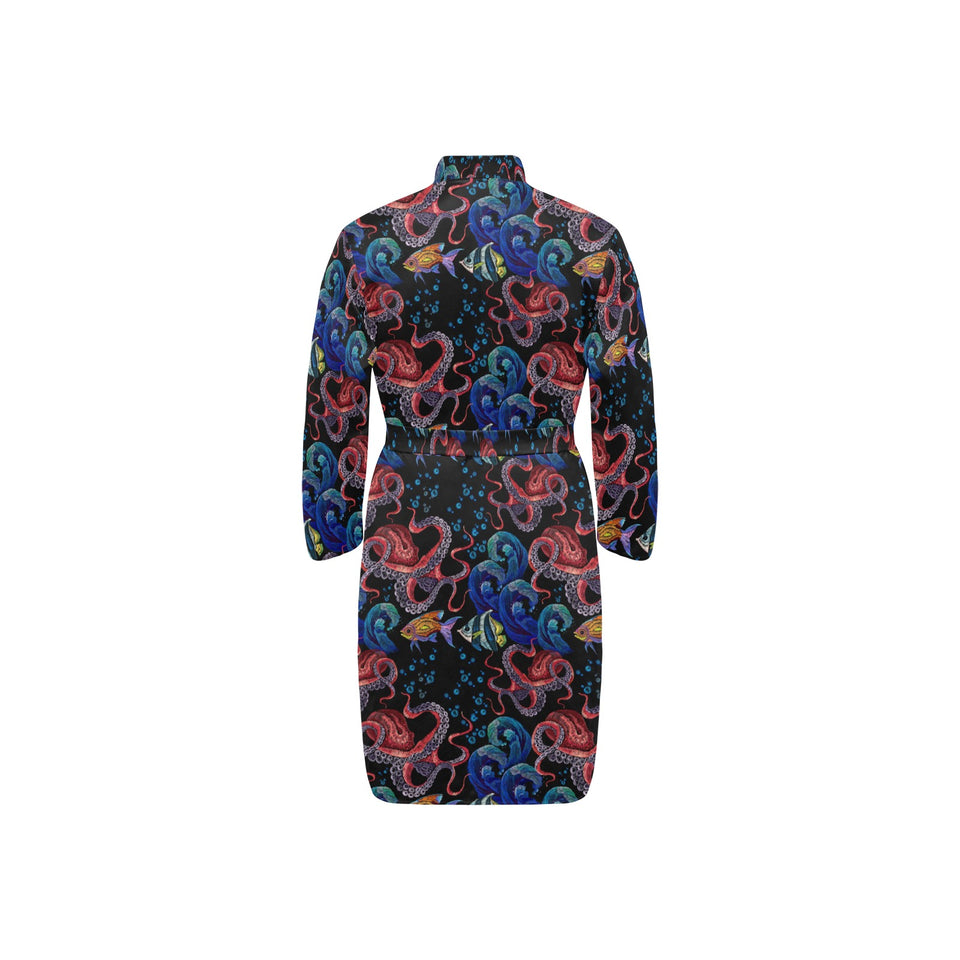 Octopus sea wave tropical fishe pattern Men's Long Sleeve Belted Night Robe