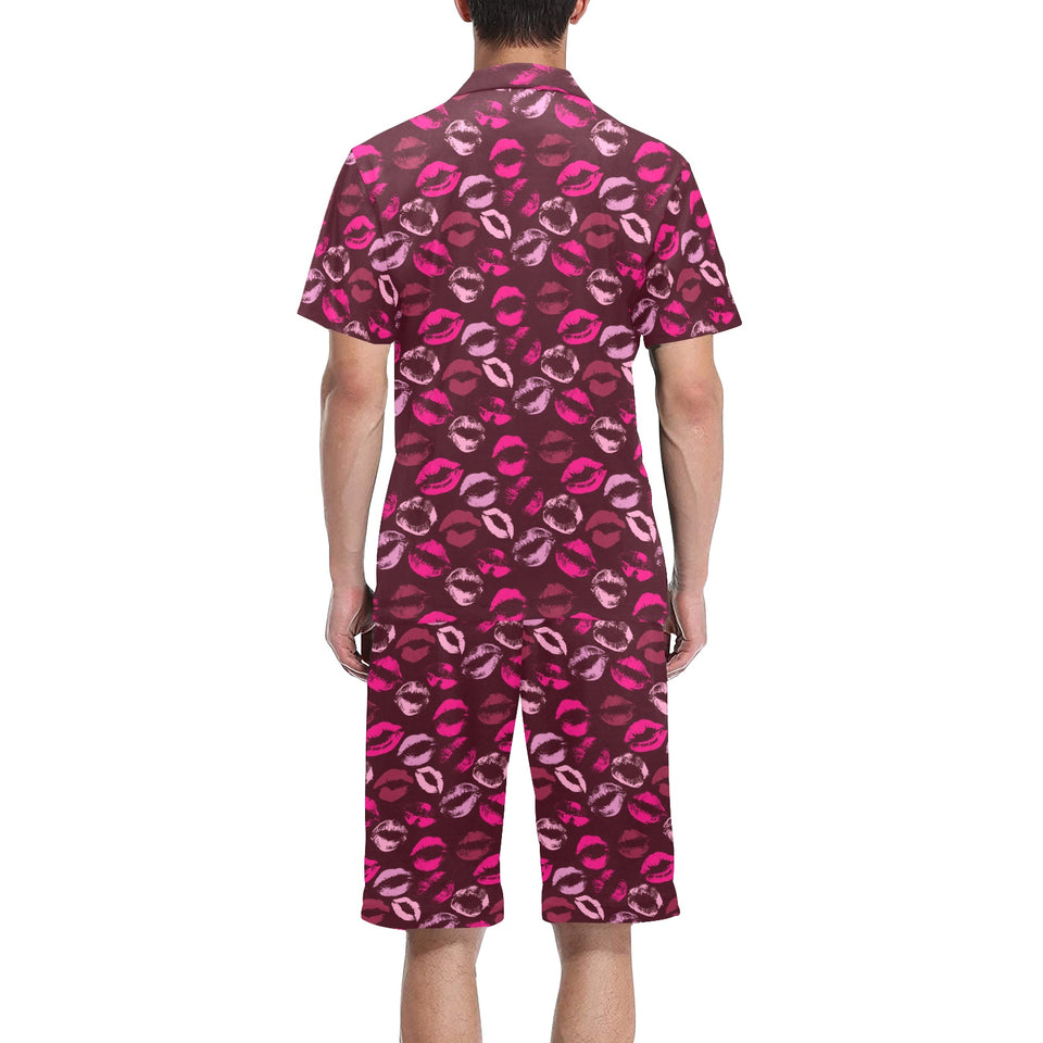 Lips Pattern Print Design 03 Men's V-Neck Short Pajama Set
