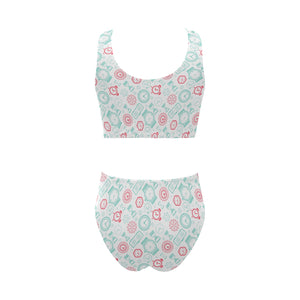 Clock time pattern blackground Chest Bowknot High Waisted Bikini Swimsuit