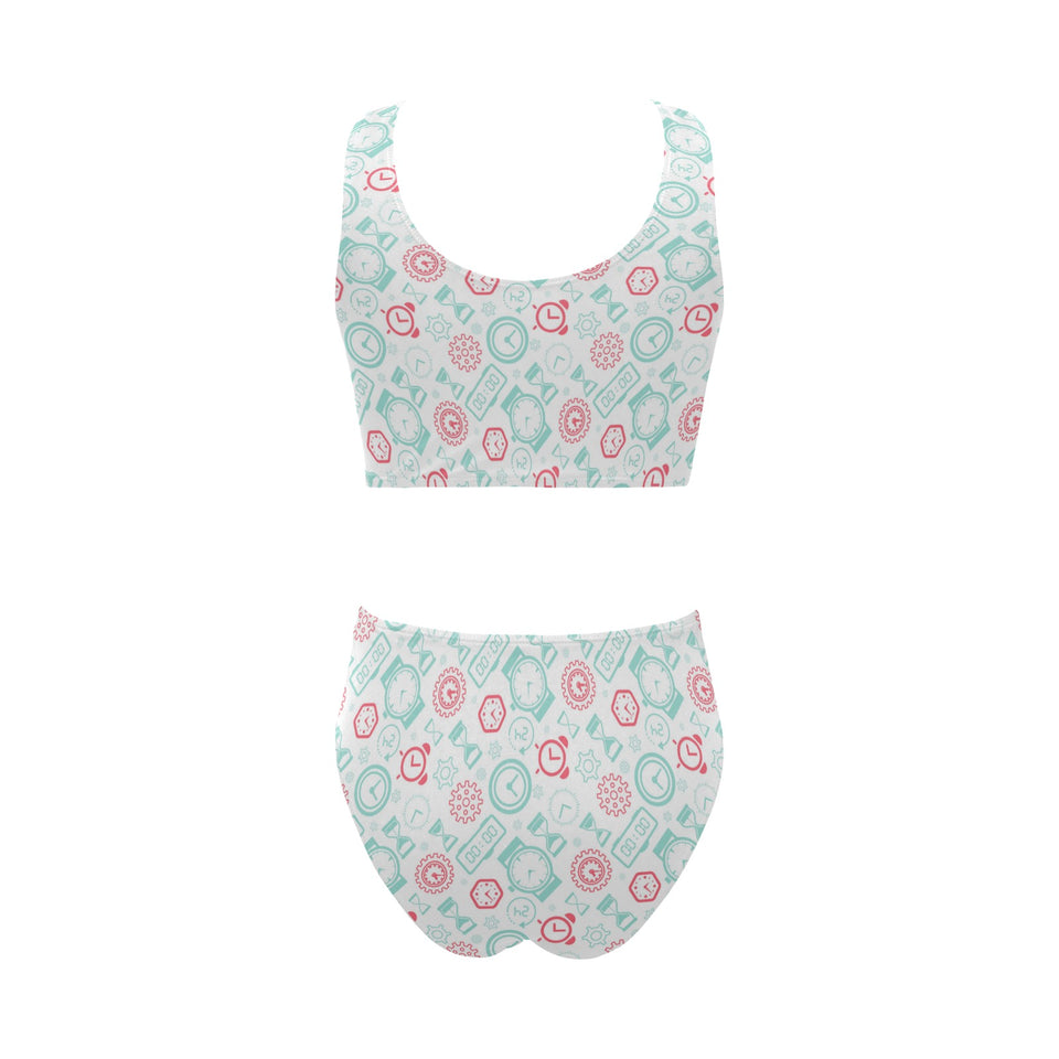 Clock time pattern blackground Chest Bowknot High Waisted Bikini Swimsuit