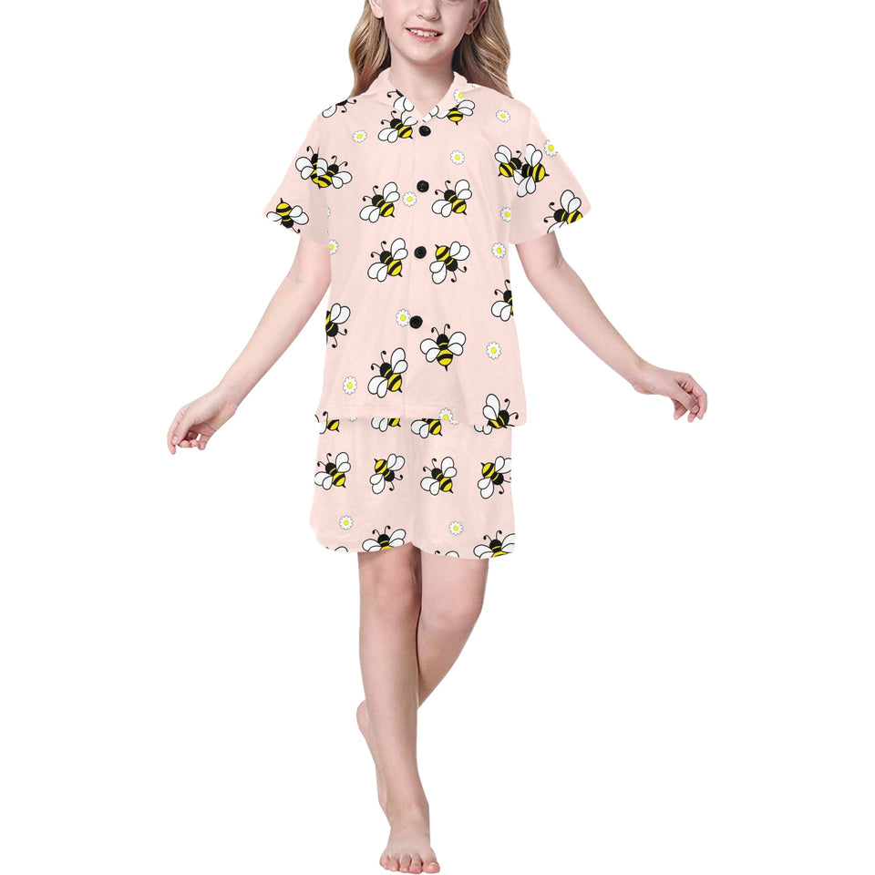 Cute bee flower pattern pink background Kids' Boys' Girls' V-Neck Short Pajama Set
