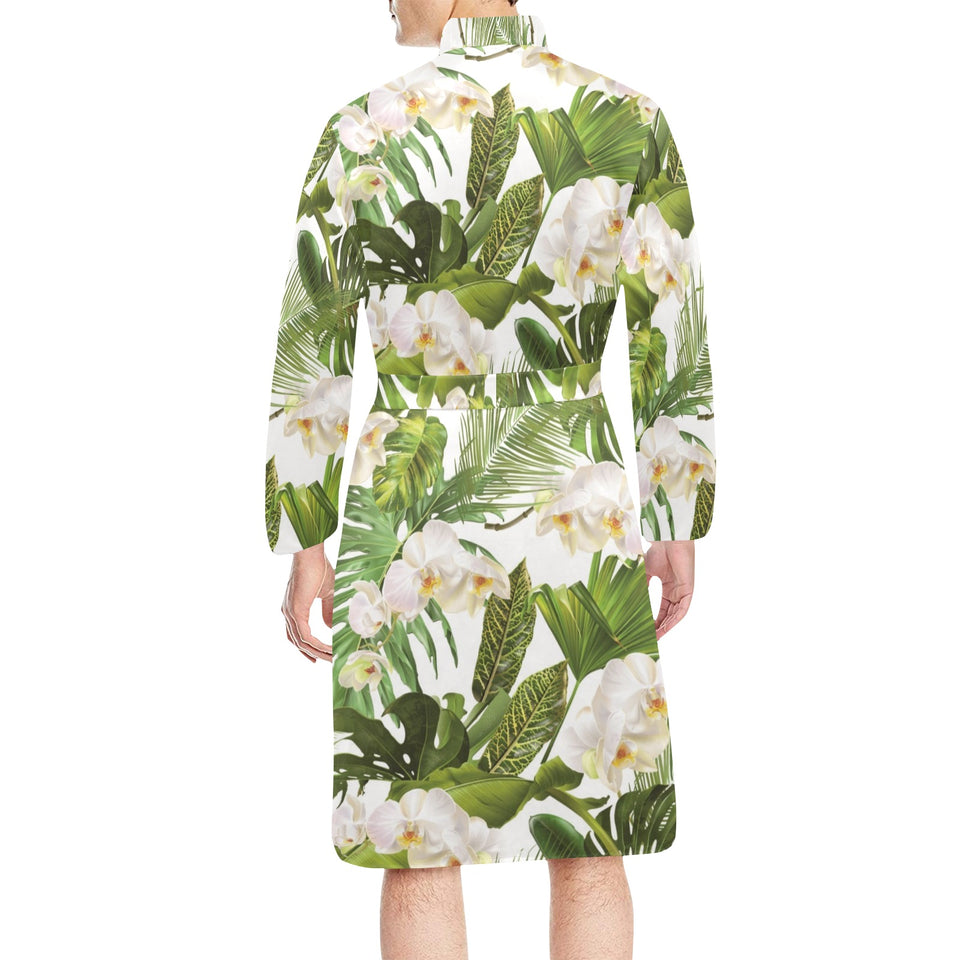 White orchid flower tropical leaves pattern Men's Long Sleeve Belted Night Robe