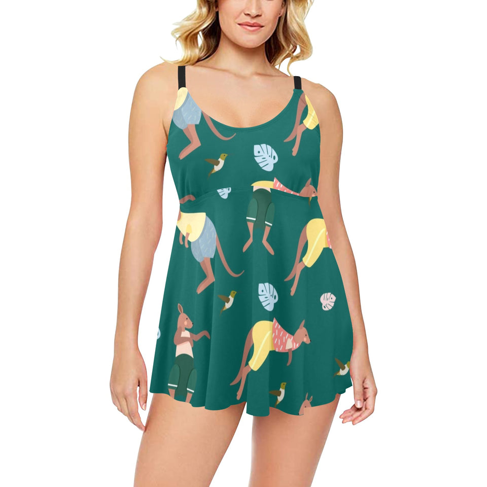 Kangaroo leaves pattern Chest Sexy Pleated Two Piece Swim Dress