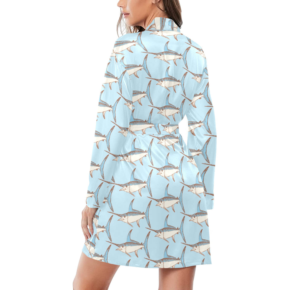 Swordfish Pattern Print Design 01 Women's Long Sleeve Belted Night Robe