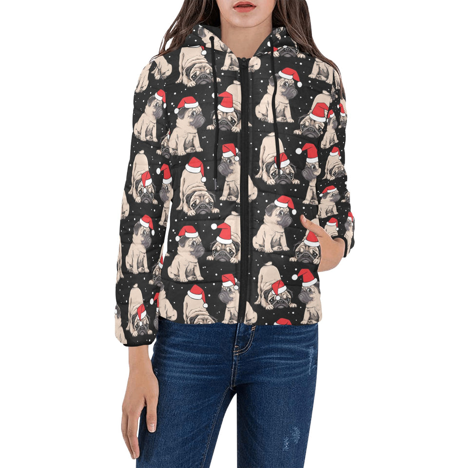 Christmas Pugs Santa_s red cap pattern Women's Padded Hooded Jacket
