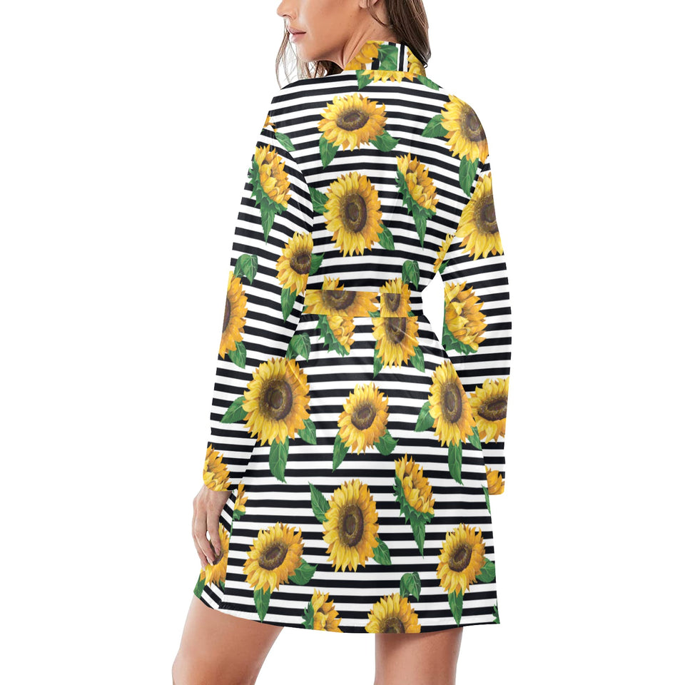 sunflowers ribbon background Women's Long Sleeve Belted Night Robe