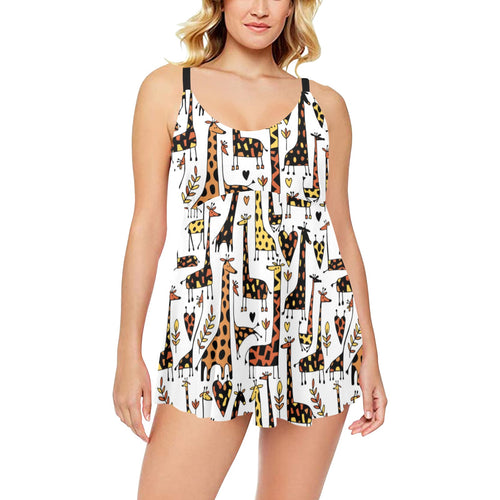 Giraffe Pattern Print Design 05 Chest Sexy Pleated Two Piece Swim Dress
