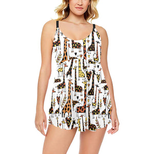 Giraffe Pattern Print Design 05 Chest Sexy Pleated Two Piece Swim Dress
