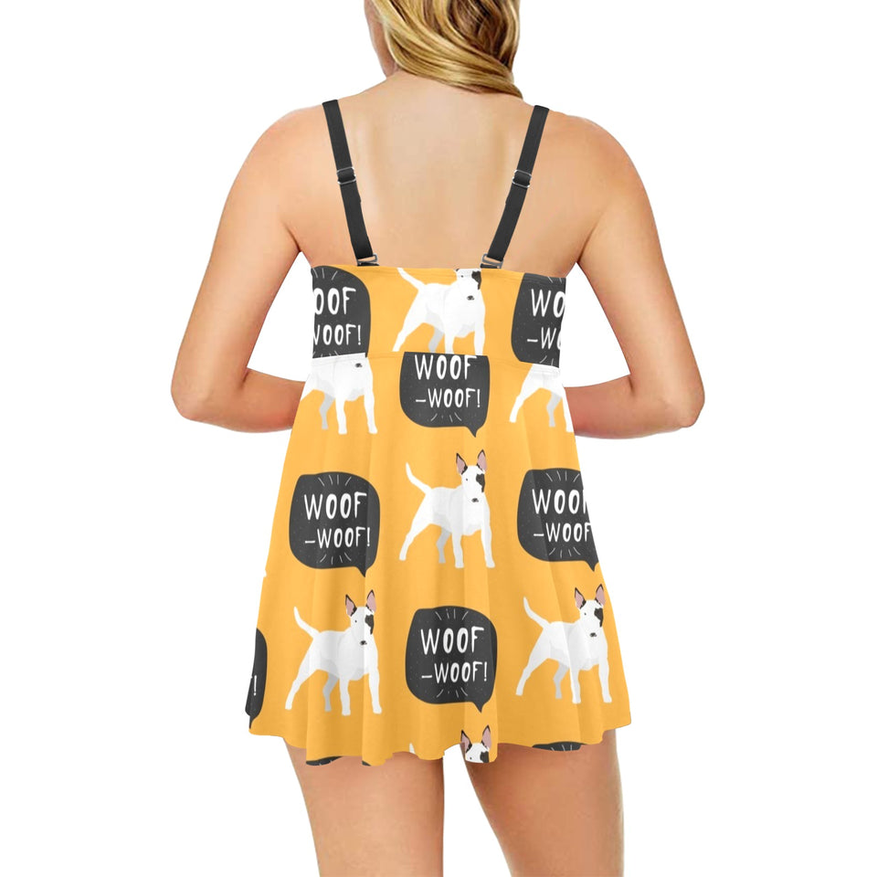 Bull Terrier Pattern Print Design 03 Chest Sexy Pleated Two Piece Swim Dress
