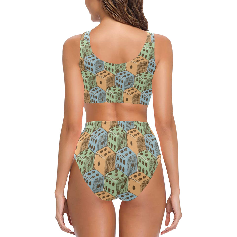 Dice Pattern Print Design 05 Chest Bowknot High Waisted Bikini Swimsuit