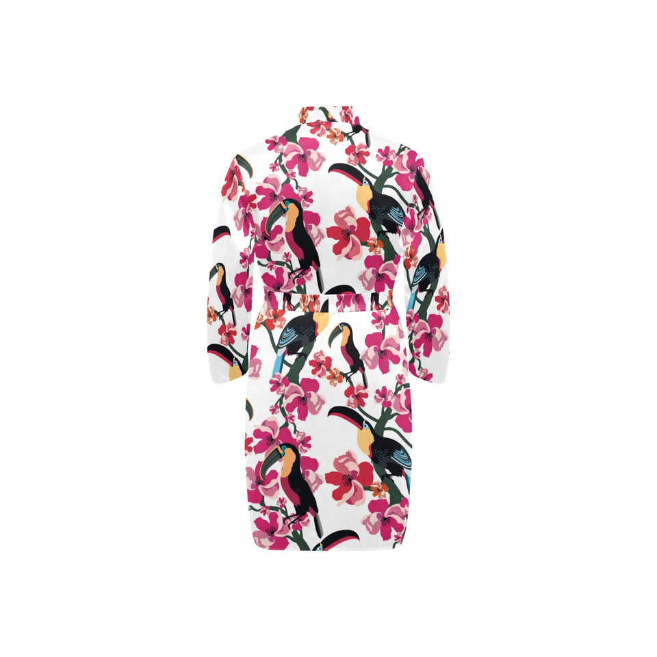 Toucan flower design pattern Men's Long Sleeve Belted Night Robe