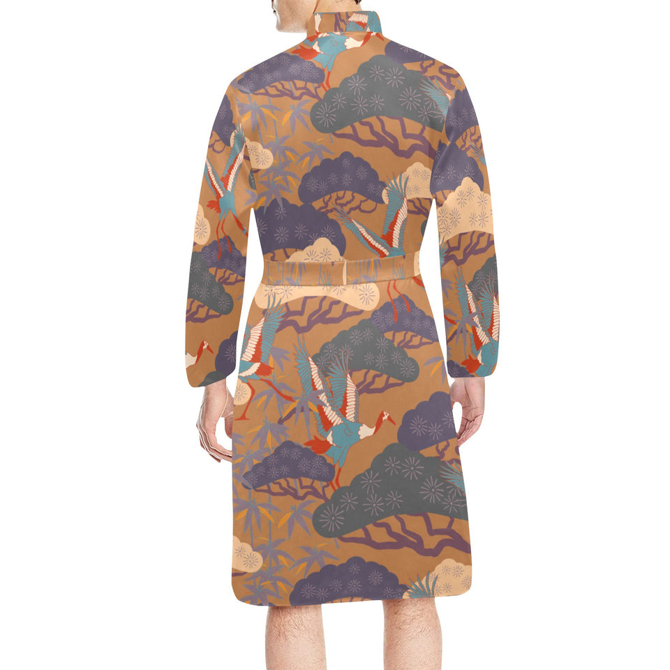 Bonsai bamboo stork japanese pattern brown theme Men's Long Sleeve Belted Night Robe
