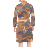 Bonsai bamboo stork japanese pattern brown theme Men's Long Sleeve Belted Night Robe