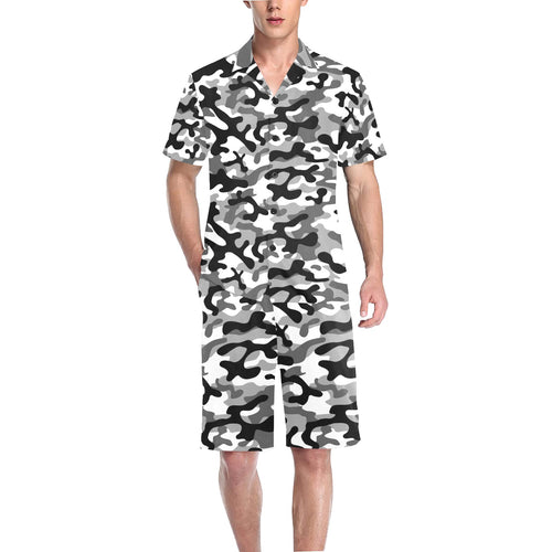 Black white camouflage pattern Men's V-Neck Short Pajama Set