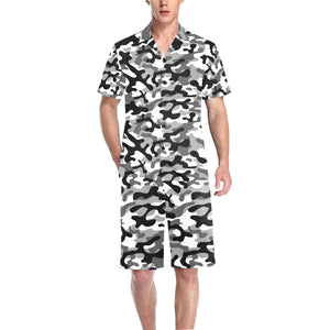 Black white camouflage pattern Men's V-Neck Short Pajama Set