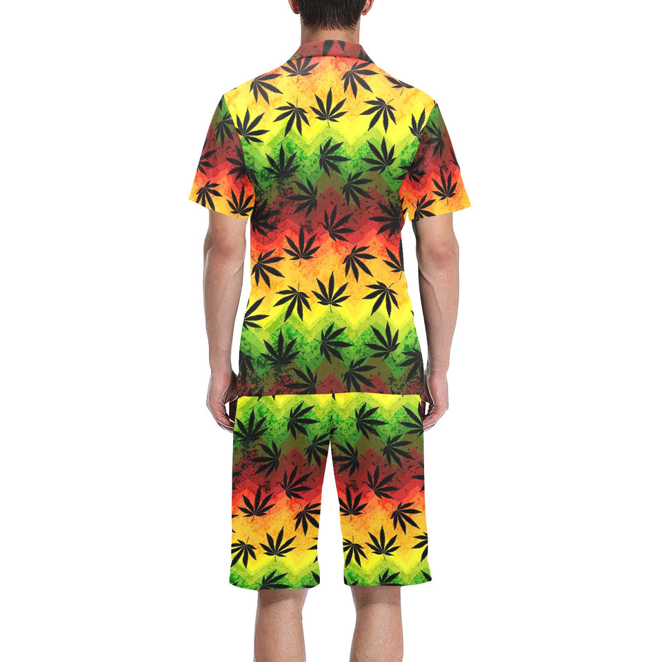 Canabis Marijuana Weed Pattern Print Design 03 Men's V-Neck Short Pajama Set