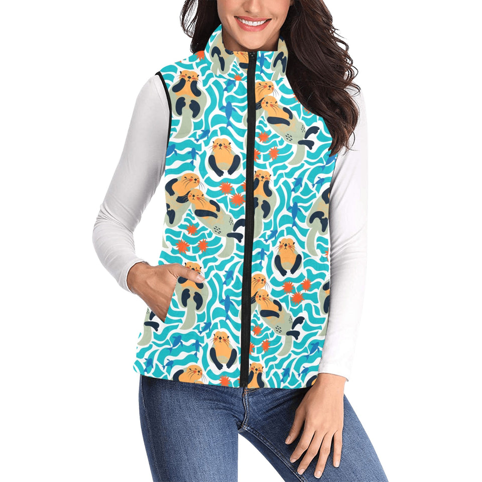 Cute sea otters fishe sea urchin pattern Women's Padded Vest