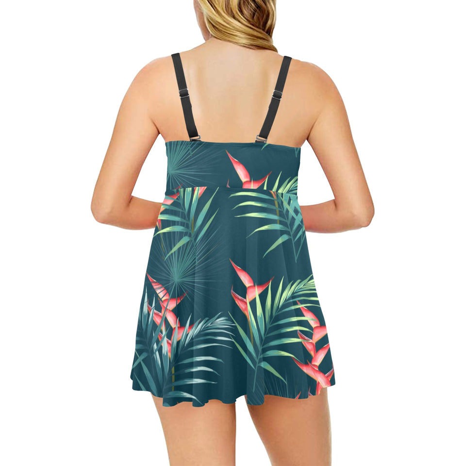 heliconia flowers, palm and monstera leaves on bla Chest Sexy Pleated Two Piece Swim Dress