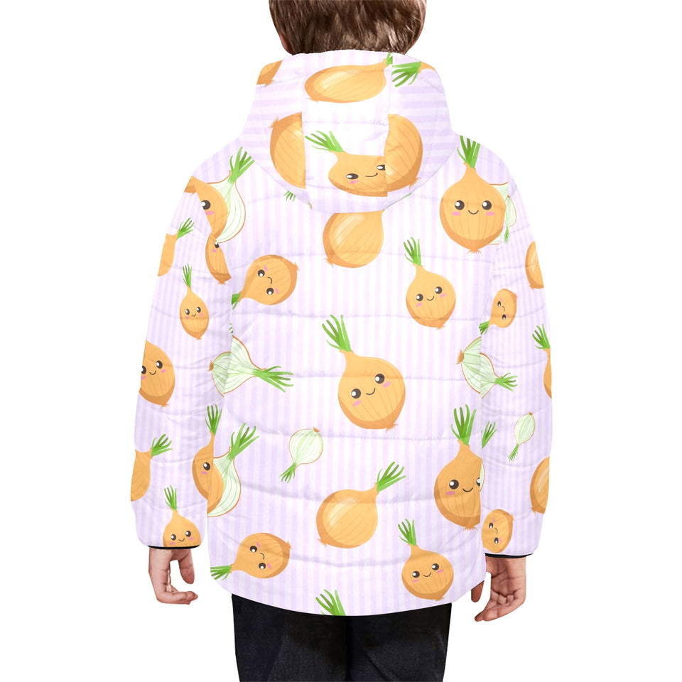 cute onions smiling faces purple background Kids' Boys' Girls' Padded Hooded Jacket