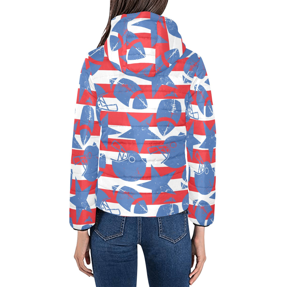 American football ball star stripes pattern Women's Padded Hooded Jacket