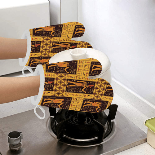 Egypt Hieroglyphics Pattern Print Design 05 Heat Resistant Oven Mitts