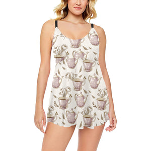 Tea pots Pattern Print Design 03 Chest Sexy Pleated Two Piece Swim Dress