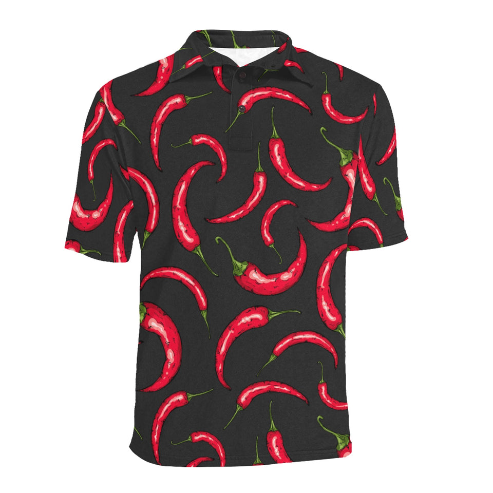 Chili peppers pattern black background Men's All Over Print Polo Shirt