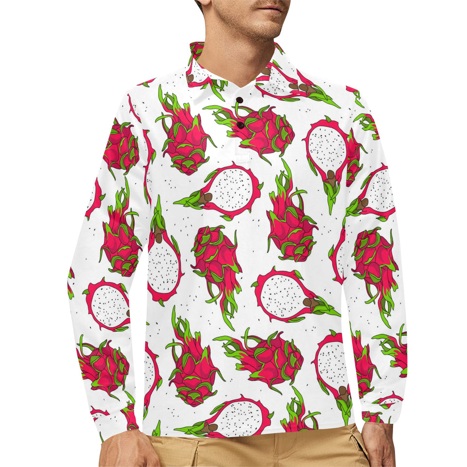 dragon fruits white background Men's Long Sleeve Polo Shirt