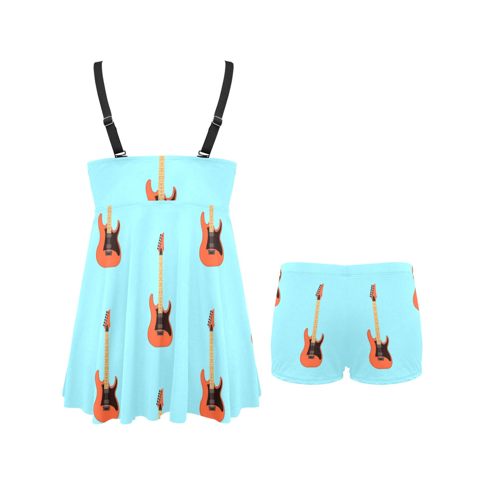 electric guitar pattern light blue background Chest Sexy Pleated Two Piece Swim Dress