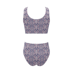 Indian Batik Style pattern Chest Bowknot High Waisted Bikini Swimsuit