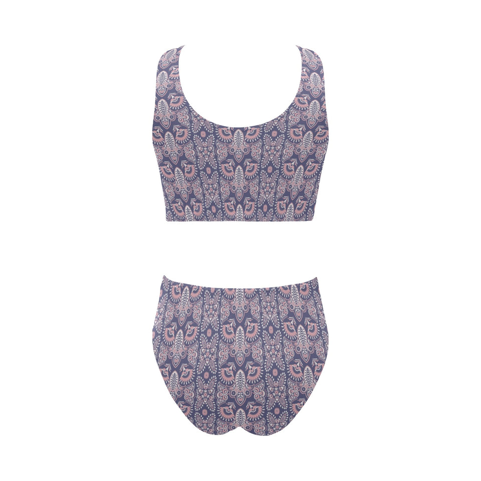 Indian Batik Style pattern Chest Bowknot High Waisted Bikini Swimsuit