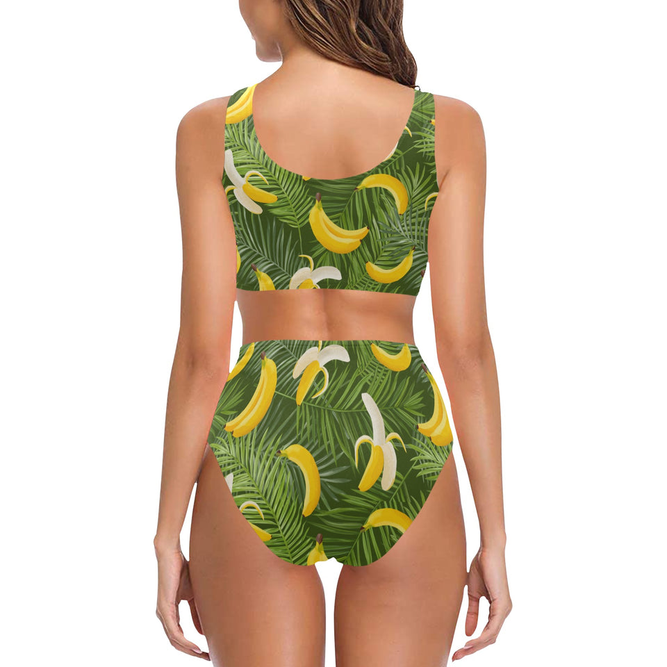 Banana Palm Leaves pattern Chest Bowknot High Waisted Bikini Swimsuit