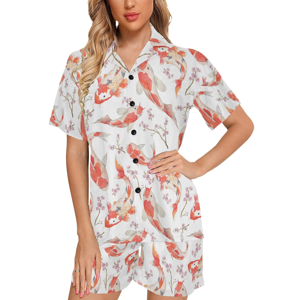 Watercolor Koi Fish Carp Fish pattern Women's V-Neck Short Pajama Set