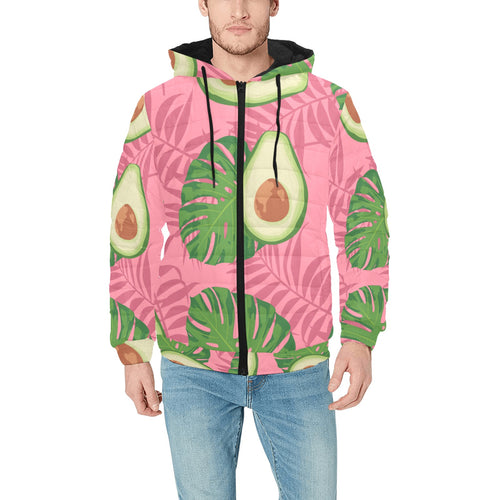 Avocado slices leaves pink back ground Men's Padded Hooded Jacket