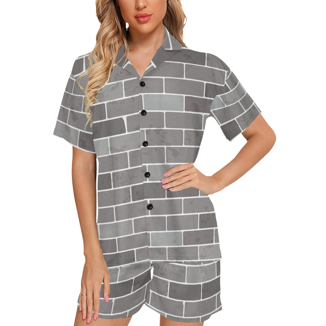 Brick Printed Pattern Print Design 05 Women's V-Neck Short Pajama Set