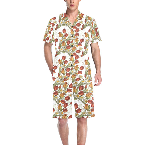 Red tulips and daffodils pattern Men's V-Neck Short Pajama Set