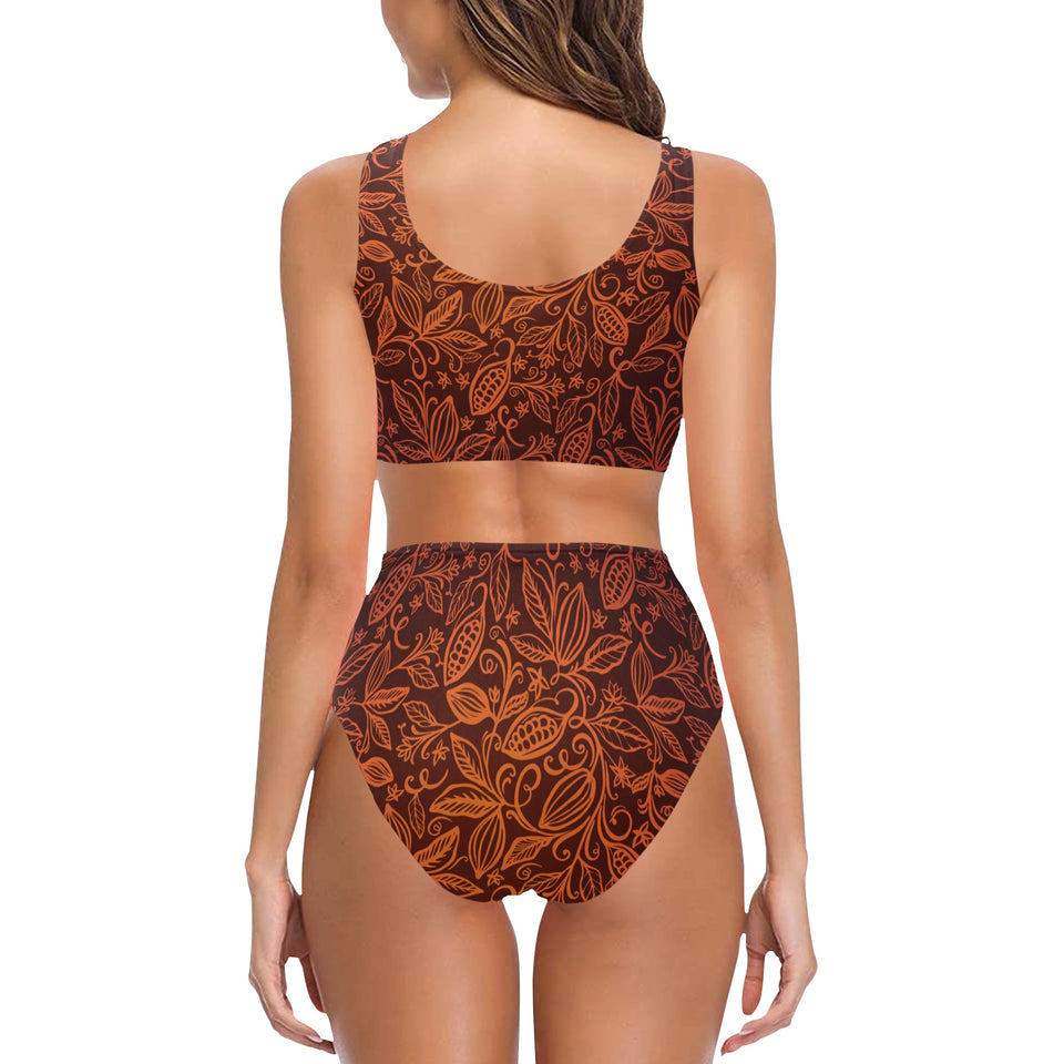 cacao beans tribal polynesian pattern Chest Bowknot High Waisted Bikini Swimsuit